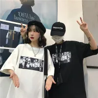 PS-รุ่น-140ใหม่เสื้อเกาหลีอินฮาราจูกุสไตล์สตรีทป่าการ์ตูนพิมพ์หลวมสบาย ๆ bottoming แขนสั้นคู่เสื้อยืด