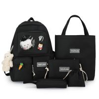 【Lanse store】Middle School Student Backpack Ladies Korean Style Bear Doll Girls Five-piece Canvas Junior High Schoolbag