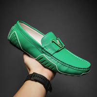 High Quality Mens Casual Leather Shoes Cowhide Loafers Soft Luxury Pea Shoes Green Genuine Leather Mens Flats Driving Shoes