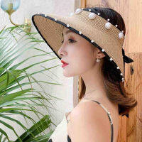 4Color Imitation Pearl Foldable Straw Hats For Women Ladie Empty Top Wide Large Brim Visor Cap Adjustable Beach UV Protction Hat