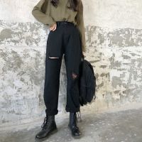 Trousers Beggar Pants Ripped Denim Korean Version Loose Black Jeans Women Straight Slimmer Look High Waist Ankle-Length