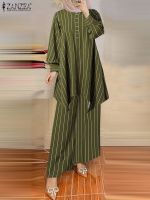 2023 ZANZEA Bohemian Stripe Printed Matching Set Muslim Wide Leg Pant V-Neck Irregular Hem Blouse Holiday Turkish Abaya Outfits