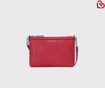 Calvin Klein Saffiano Leather Shoulder Zip Bag in Pink