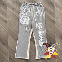 Patchwork Hellstar พัฟพิมพ์ Sweatpants ผู้ชายผู้หญิงสีเทา Vintage Jogger Drawstring Flare กางเกง