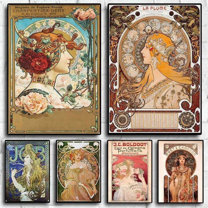 ภาพวาดศิลปะที่มีชื่อเสียง-art-nouveau-alphonse-mucha-บนกำแพงโปสเตอร์ศิลปะและภาพพิมพ์รูปภาพสำหรับตกแต่งห้องภาพเหมือนผู้หญิงวินเทจ