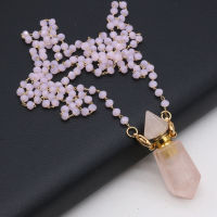 Natural Semi-precious Stone Rose Quartz Powder Crystal Two-pointed Perfume Bottle Pendant Necklace Ladies Party Wear Chain 80CM