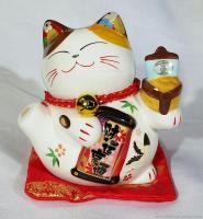 Maneki Neko แมวนำโชค แมวกวัก สูง4นิ้ว ถือป้ายอวยพร และถือเรือสมบัติ -เซรามิค [35319]