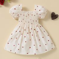 Infant Kids Girls White Dress Summer Short Bubble Sleeve Dress Sweet Heart Print Princess Dresses Toddler Outfits Clothes 0-3Y