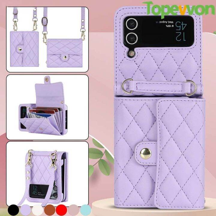 เคสหนัง-moto-razr-40อัลตร้าสำหรับ-samsung-galaxy-z-flip-5-4-3-5g-huawei-พลิก-n2-oppo-find-กระเป๋า-p50เชือกยาวบัตรกระเป๋าสตางค์ถุงคลุมกระเป๋า-vivo-x-flip