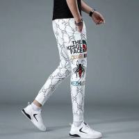 NGHG MALL-Mens summer white cropped pants new trend printed casual sports pants mens high-end thin and comfortable pants