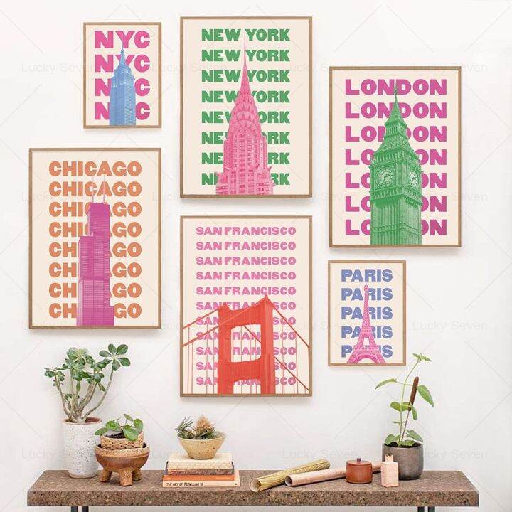 trendy-travel-print-chicago-new-york-ซานฟรานซิสโกลอนดอนปารีสโรมญี่ปุ่นอัมสเตอร์ดัมเบอร์ลินอียิปต์-miami-canvas-ตกแต่งห้องโปสเตอร์