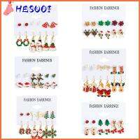 HESUOI 6 pairs จี้ห้อยคอ ต่างหูห้อยคริสต์มาส เครื่องประดับงานปาร์ตี้ โลหะผสมอัลลอยด์ ต่างหูต้นคริสต์มาส ของใหม่ พังก์โกธิค หูกระดุม คริสมาสต์