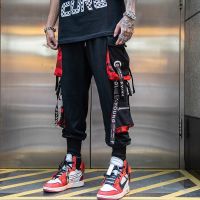 Mens Cargo Pants Casual Hip Hop Hit Color Multiple Pockets Trousers Streetwear Ribbons Techwear Sweatpants