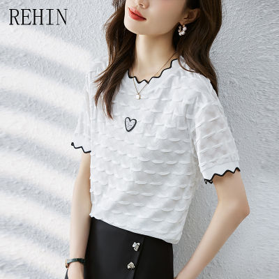 REHIN เสื้อผู้หญิงแขนสั้น,เสื้อสไตล์เกาหลีแบบใหม่เสื้อเชิ้ตแฟชั่นคอกลมฤดูร้อน