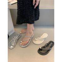 【July】 French style flat slippers women summer 2023 holiday pearl rhinestone silver sandals and