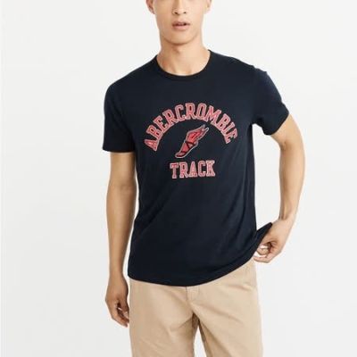 Abercrombie Fitch แขนแขนสั้นคอกลมฝ้ายบริสุทธิ์พิมพ์ลายสำหรับทั้งหญิงและชายใหม่