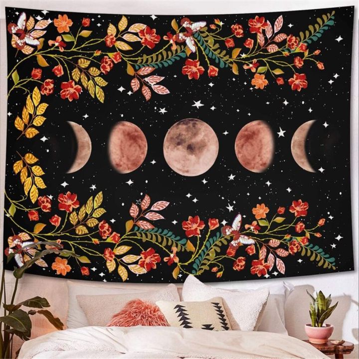 moon-tapestry-wall-hanging-boho-moonlit-plants-garden-tapestry-starry-night-carpet-black-background-floral-tapestry-decor