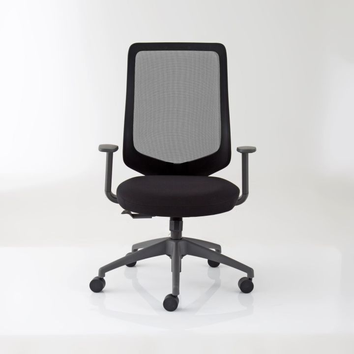 modernform-เก้าอี้สำนักงาน-รุ่น-series16-value-เก้าอี้พนักพิงกลาง-เฟรมเทา-ไม่มี-lumbar-เบาะหุ้มผ้าสีดำ-พนักพิงตาข่ายสีดำ