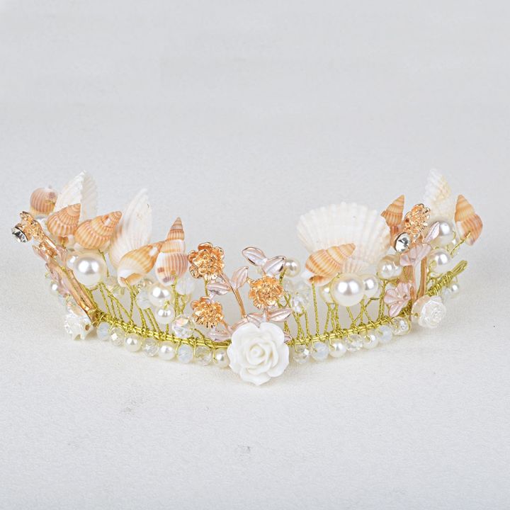 ที่คาดผมนางเงือก-pearl-shell-crown-สำหรับเจ้าสาวงานแต่งงานชายหาดอุปกรณ์แต่งผมเจ้าสาวเปลือกหอย-tiara-headpiece-พรหม