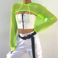 ➧แขนยาวสำหรับผู้ชายผ้าฝ้าย2022ใหม่ฤดูใบไม้ผลิ Streetwear นีออนสีเขียวตาข่าย Fishnet ด้านบนผู้หญิงเสื้อยืดมุมมองแขนยาวผู้หญิง39; S เสื้อยืดเซ็กซี่ตัดเสื้อ