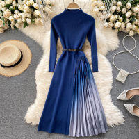 Gorgeous and Elegant Lady Long Sleeve Slim In Long Stitching Knit Dress Gradient Color Pleated Sweater Skirt Autumn and Winter New