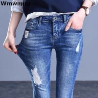 Streetwear Skinny Ripped Hole Jeans For Women 2022 High Waist Vintage Blue Pencil Denim Pants Korean Capris Slim Cowboy Trousers