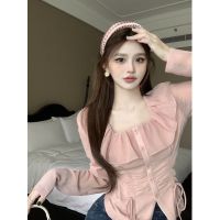 Spring Pure Sexy Sweet And Spicy Style Drawstring Square Collar Ruffled Cinched Blouse Womens Design Sense Niche Casual Shirt