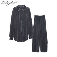 Lady Plus ชุดเซทเสื้อแขนยาวและกางเกงขายาวผ้าพีท | Pleated Blouse and Pants สีเทาเข้ม