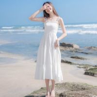 COD Summer Dress Korean Womens Sleeveless Spaghetti Strap Long Dress Beach Holiday Clothes Black,White