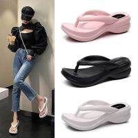 Increased heel flip-flops for womens summer fashion outer wear non-slip thick-soled flip-flops mid-heel simple beach shoes trendy 【JYUE】