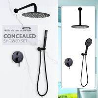 ▧ Matt Black Rain Hand Shower System Concealed Wall Mounted Diverter 2 Functions Brass Hot Cold Valve Ceiling Set Swivel Holder