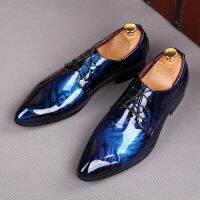 New Popular Casual Mens Shoes Glitter Royal Blue Print Flat Formal Oxfords Wedding Evening Dress Shoes Sapato Social Masculino