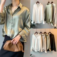 Ready Stock Baju Raya 2023 Women Satin Blouse Long Sleeve Loose Retro Shirt Fashion Temperament Simple Plain Tops