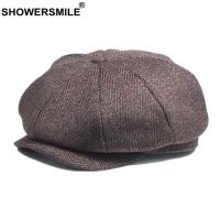 SHOWERSMILE หมวกขนสัตว์ลายสก๊อตหมวก Newsboy รองเท้าแฟลตแบบแกสบี้หมวกสไตล์อังกฤษผู้ชาย,หมวกขนสัตว์ฤดูใบไม้ร่วงฤดูหนาวชายหมวกแปดเหลี่ยมเบเร่ต์