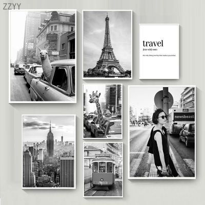 Black and White Travel Landcape Posters Alpaca Giraffe In A Texi Canvas Painting New York Street Photography Pictures Home Decor