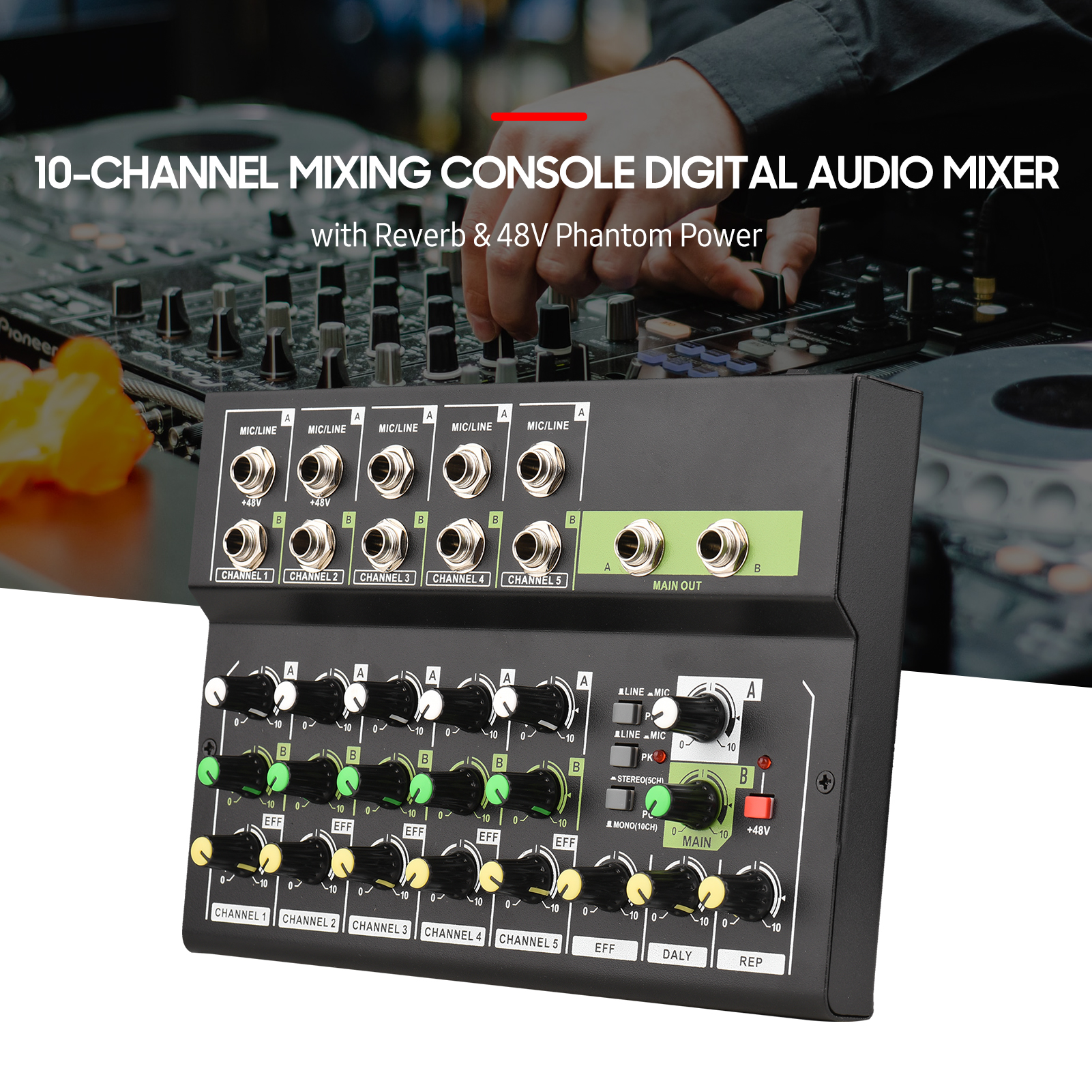 us plug input jacks 100?240V Portable 10?Channel Stereo Audio Sound Mixer for Karaoke Microphone Amplifier Console Audio Mixer with 10 microphone/wire for RCA 