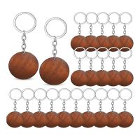 50 Pieces Wood Engraving Blanks Round Shaped Wooden Keychain Set Rings Key Tags Keychain Supplies Metal + Wood Coffee Color for DIY Gift CraftsTH