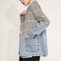 [EAM] Women Blue Plaid Denim Big Size Blazer New Lapel Long Sleeve Loose Fit Jacket Fashion Tide Spring Autumn 2022 1DD641005