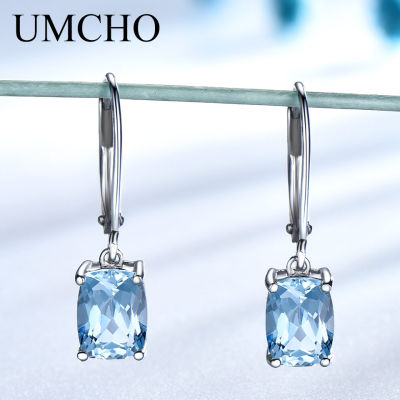 UMCHO Genuine 925 Sterling Silver Sky Blue Topaz Drop Earrings Elegant Gemstone Wedding Engagement Jewelry For Women Gifts