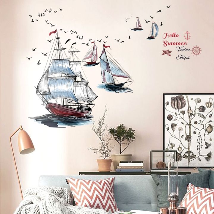 modern-sailboat-ship-seagull-summer-scenery-view-wall-stickers-living-room-garden-bedroom-waterproof-removable-art-decals-mural
