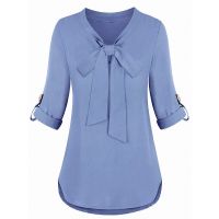 Light Blue Long Sleeve Tops For Autumn Women Daily Work Office Lady Clothing 2023 New Tie Knot T-Shirt