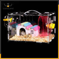 Lovinland Pet กรงเดินทางแบบพกพาสำหรับสัตว์เล็กๆแคระหนูแฮมสเตอร์ท่องเที่ยวกับพกพาล้อออกกำลังกายขวดน้ำและจานอาหาร