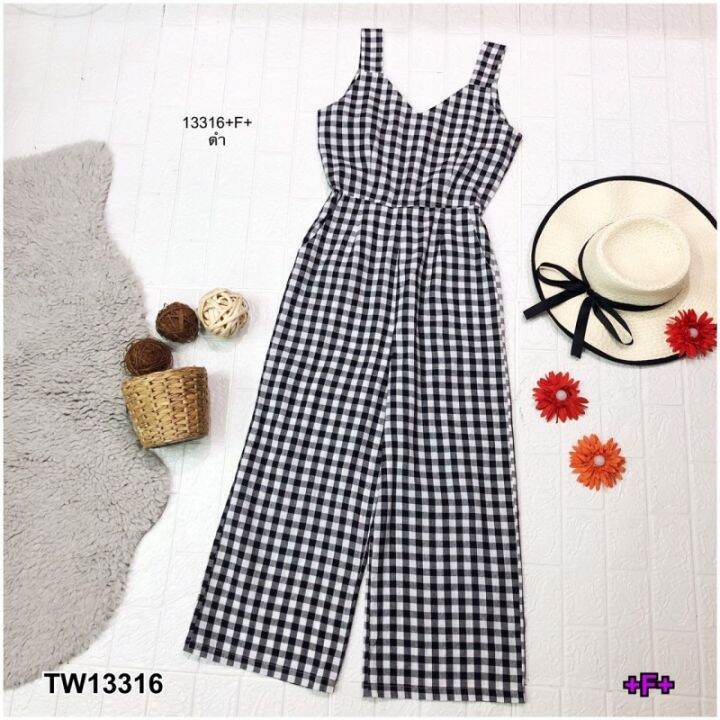 tw13316-jumpsuit-จั้มสูทแขนกุดลายสก็อตขากระบอก