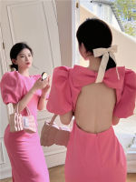 (พร้อมส่ง) Pinkky backless dress ??C3820 เดรสยาวเว้าหลัง เดรสเที่ยวทะเล เดรสยาวสีชมพู เดรสยาวแขนพอง