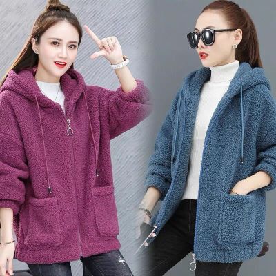 ♠☍ ADOLPH Women Hoodie Casual Plus Size Wool Fleece Short Coat Korean Womens Long-sleeve Cashmere Hoodies Soild Color Hoodies