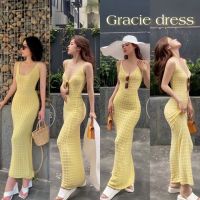 เดรสสายเดี่ยวคอวีซีทรูเบาๆ✨Gracie dress✨ผ้าทอนิตติ้งลายก้นหอย ป้ายGracie