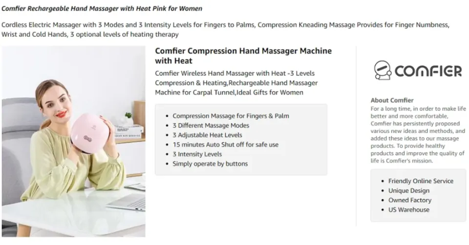 Comfier Hand Massager with Heat, Rechargeable Hand Massager Machine for  Carpal Tunnel, 3 Levels Compression & Heating, Ideal Gifts for Women Pink