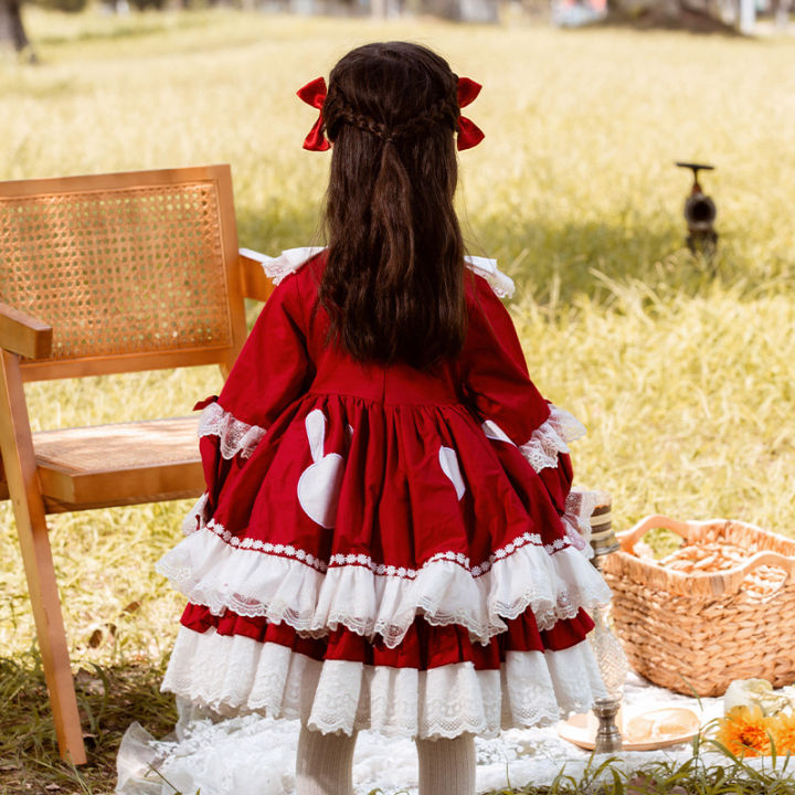 zhiya-กระโปรง2021เด็กผู้หญิง-กระโปรงเจ้าหญิงโลลิต้าผ้าคอตตอนสีแดง