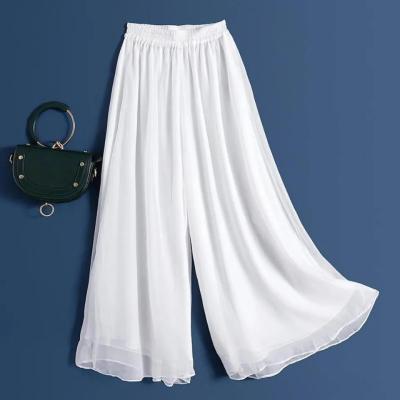 แฟชั่นกางเกงขาม้าผ้าชีฟองลำลองสำหรับผู้หญิงขนาดใหญ่ทรงหลวมสีขาวล้วนมียางยืดเอวสูงกางเกงโอเวอร์ไซส์