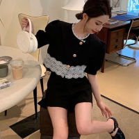 [2 Pieces] (NEW Ready Stock)  Patchwork Suit Women New Korean Style Short Sleeve Button Up Top + Slim Fit Easy-Matched Shorts Two Piece Set Baju Perempuan